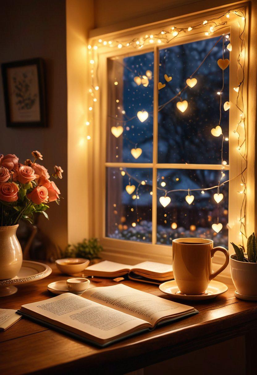 A cozy digital workspace featuring a glowing laptop screen with heart emojis spilling out, surrounded by romantic elements like soft candlelight, a cup of tea, and a diary with love letters. The background should have warm, inviting colors suggesting romance and affection. Include gentle lighting and whimsical touches like flowers or fairy lights. super-realistic. vibrant colors.
