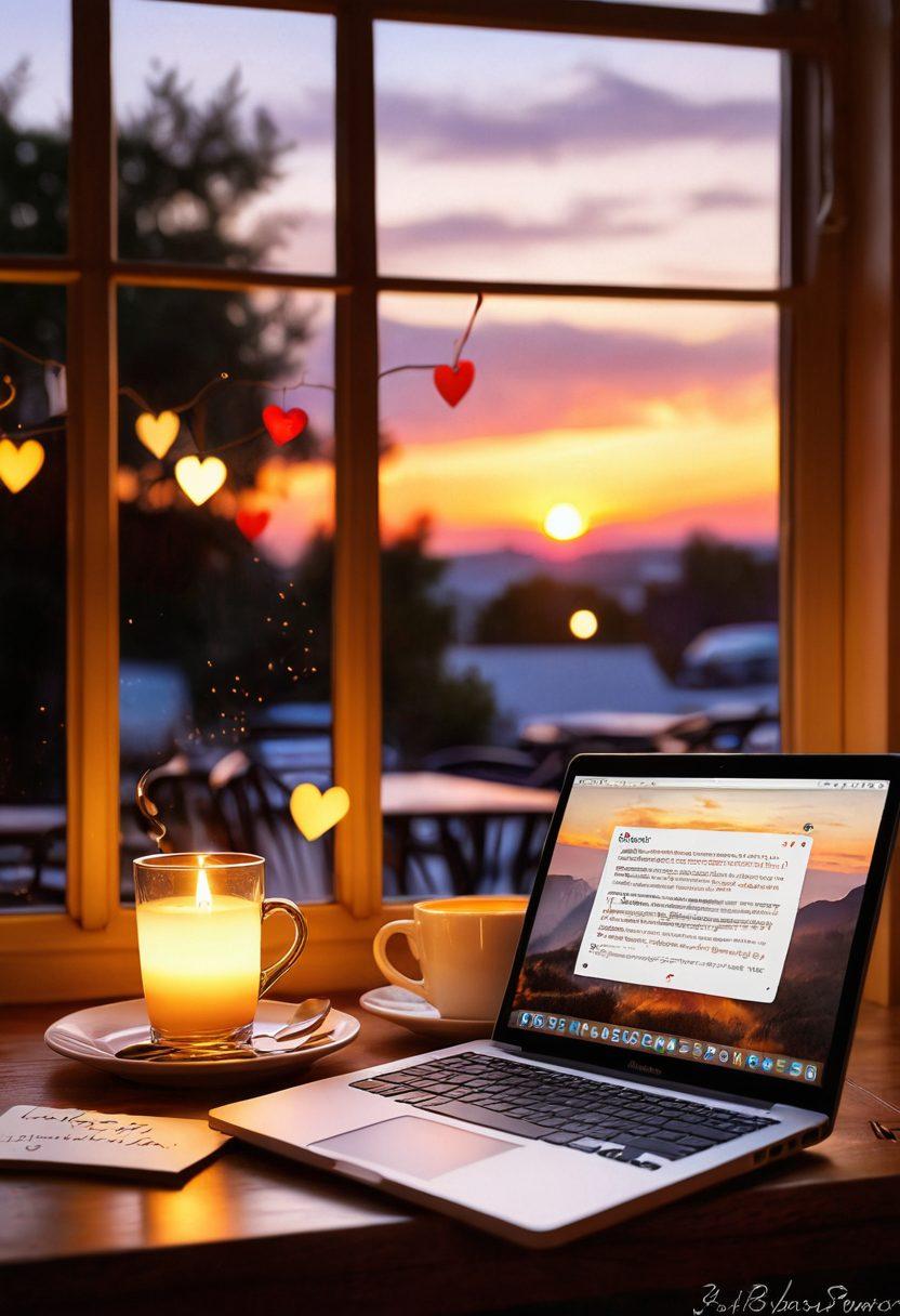 A whimsical scene of an open laptop with a glowing email interface on a cozy café table, surrounded by freshly brewed coffee and love letters scattered about. Hearts and sparks swirl around, symbolizing romance, while a beautiful sunset filters through the window, casting a warm glow. Include soft-focus elements of couples exchanging emails, enhancing the theme of connection and devotion. vibrant colors. super-realistic. cozy atmosphere.