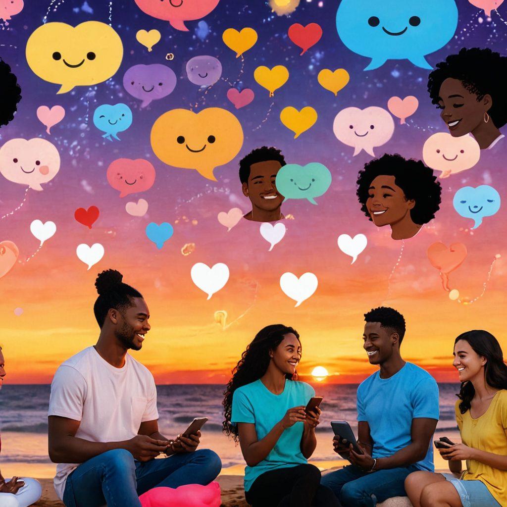 A collage of diverse couples exchanging heartfelt messages on their devices, surrounded by soft glowing hearts and digital elements like emojis and chat bubbles. The background consists of a dreamy sunset, symbolizing emotional warmth and connection despite the distance. Intimate and cozy atmosphere, highlighting the theme of love in the digital age. soft focus. vibrant colors. 3D.